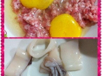 step1: 把蘇當洗淨去外皮切圈待用。
把剩餘的材料【蒜米炸油除外】加入肉碎，充分的攪拌均勻。