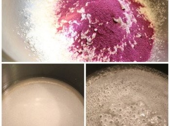 step1: 地瓜粉與紫地瓜粉拌勻. 糖與水加熱煮滾