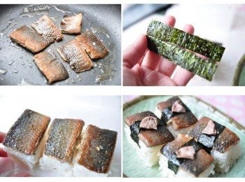 step3: 再將虱目魚片切成與梅香飯對等的長條形狀塗抹少許鹽巴，放入油鍋煎至香酥鋪在梅香飯上，並將海苔片對半剪程長條狀，將完成的壽司由中間包覆住，最後將熟梅肉剪成小塊放置最上層