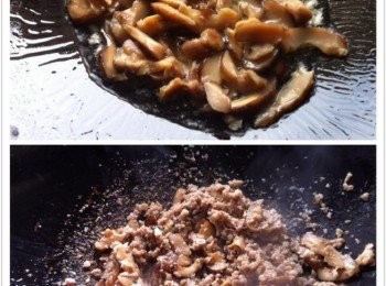 step2: 取出鍋加入適量的食油，香菇片和蒜蓉下鍋爆香，然後加入醃製好的肉碎大火炒香。
