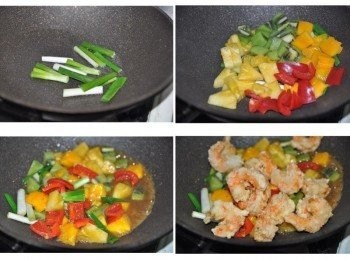 step4: 蔥段爆香後，放入所有蔬果拌炒數下，再淋入<span class="group_2">醬汁</span>略滾煮後，放入香酥蝦球拌炒個數下即可起鍋 ※水果入菜，最好挑選帶點微酸口感最佳!