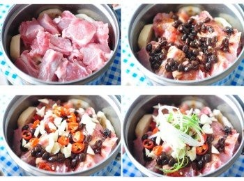 step3: 接著依序放入小排、豆鼓、蒜末及辣椒末、擺上少許蔥絲