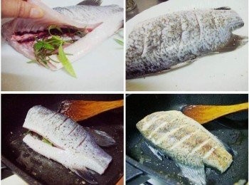 step2: 魚全面擦乾多餘水份ˊ在魚肚塞入香草ˊ 並雙面灑上海鹽和黑胡椒ˊ鍋內放入酌量橄欖油ˊ 將魚輕輕擺入ˊ依魚大小決定煎的時間ˊ 一面煎至金黃再翻面完成另一面ˊ然後盛盤備用