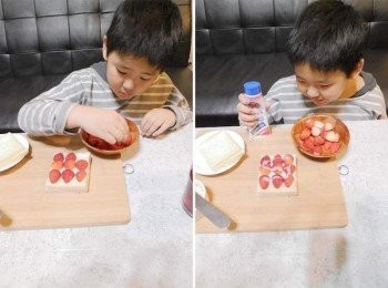 step6: 將新鮮草莓鋪滿另外一片吐司ˊ並酌量淋上煉奶