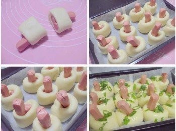 step5: 11.接著從中切下ˊ分為2段 將完成的熱狗麵團平放於烤盤上 12.並用剪刀在熱狗上剪十字花ˊ表面噴灑些水ˊ放密封處做第2次發酵 (我直接放烤箱裡頭做第2次發酵) 13.發酵完成前10分鐘取出ˊ預熱烤箱180度C 14.然後將取出的麵團刷上蛋液ˊ灑上蔥花