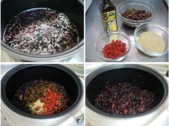 step2: 將步驟1處理好的紫米ˊ白米ˊ確實瀝乾ˊ 加入<span class="group_1">材料</span>中標示的水量及米酒量ˊ 用電子鍋依平日煮飯方式完成。 利用蒸煮時間將<span class="group_2">配料</span>準備好ˊ除了浸泡的桂圓ˊ 枸杞子用水沖洗後ˊ擦乾多餘水份備用。 紫米飯完成後將所有<span class="group_2">配料</span>倒入ˊ並且攪拌均勻ˊ (可以預留些枸杞子裝飾用) 運用電子鍋再次加熱功能再悶煮5~10分鐘即可。