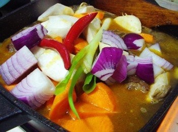 step5: 然後加入略蓋時材的水量ˊ擺入紅蘿蔔ˊ紫洋蔥ˊ杏鮑菇ˊ青蔥段