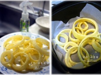 step3: 4.接著噴上少許的橄欖油 5.氣炸鍋底鋪上一層烘焙紙後，放入洋蔥160度8分鐘後 200度2分鐘