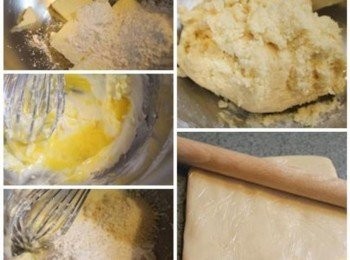 step1: 奶油切薄片, 放室溫軟化, 與糖粉一起打發, 攪拌均勻呈淡黃色