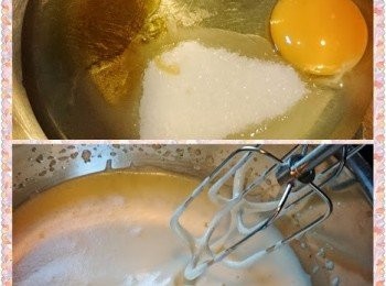step3: 拿大鐵兜放入兩隻蛋，蜂蜜及沙糖。坐50度熱水慢速打匀。再用高速打7-10分鐘，直至打蛋器拉起而滴下的蛋漿有明顯疊印。