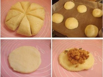 step2: 5.接著將麵團分割成8等份 6.滾圓蓋上保鮮膜鬆弛15~20分鐘 7.將鬆弛好的麵團桿平成扁形狀 8.包上海苔肉鬆餡