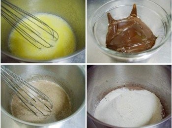 step2: 將微波加熱後的鮮奶和奶油先拌勻ˊ接著加入雞蛋再拌勻ˊ 然後將溶化巧克力也充分拌勻ˊ再加入鬆餅粉即完成巧克力麵糊