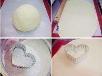 step3: 冷藏24小時的麵團ˊ從冰箱取出袋子不用拆ˊ讓其回復室溫ˊ 之後ˊ拆除袋子ˊ然後輕壓出多餘空氣ˊ滾圓鬆弛15~20分鐘 (記得覆蓋保鮮模或容器ˊ避免表層乾燥影響口感) 將鬆弛好麵團桿平為厚度約1cm大片狀ˊ準備些高粉(配方份量外) 用心型小模具沾少許高粉防沾ˊ然後於麵皮壓出一個個小愛心