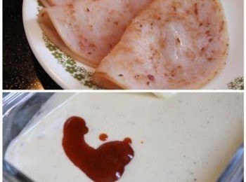 step5: 搭配火腿片或燻鮭魚. 喜歡辣的可以在<span class="group_1">荷蘭醬</span>中加點辣醬