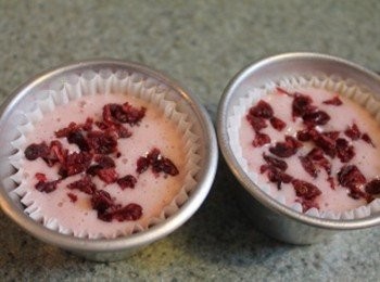 step4: 將粉漿盛入模中, 並灑上適量的蔓越莓乾末 (**模具我使用一般的布丁模)