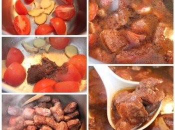 step2: 取一燉鍋, 少許油爆香薑片與番茄, 加入沙茶醬/豆瓣醬一起拌炒