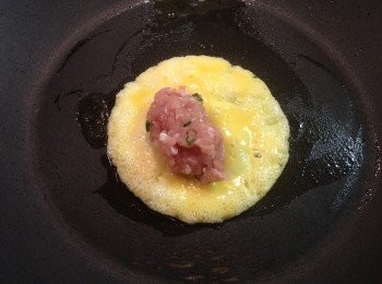 step6: 取適量肉餡放在蛋皮一邊。（肉餡不要放太多，約 2茶匙就可以。）