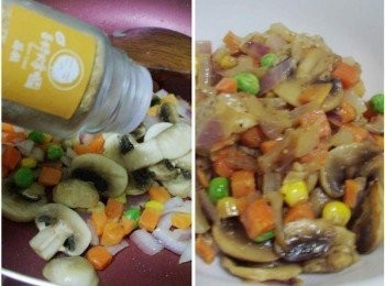 step5: 鍋裡放少許橄欖油ˊ依序將紫洋蔥ˊ三色蔬菜ˊ蘑菇ˊ拌炒出香氣ˊ 然後加入酌量調味ˊ完成先盛起備用