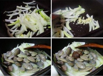 step2: 熱鍋加入酌量油先爆香洋蔥和蔥白ˊ 接著加入蒜/薑再次炒香ˊ然後加入海瓜子ˊ和<span class="group_2">調味</span>一起拌炒入味