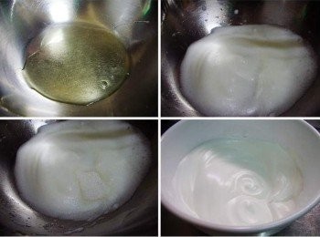 step3: 蛋白35gˊ放於無水無油的攪拌容器中ˊ先快速打出大氣泡ˊ 再分2~3次加入細砂糖ˊ打發至乾性發泡。 (蛋白霜提起有尖角或容器倒扣也完全不滑落即可)