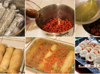 step5: 蒸好的雞腿肉捲連同鋁箔紙(不必拆開)一起放入冰水中，使其迅速降溫，這樣雞肉會更鮮嫩有彈性。