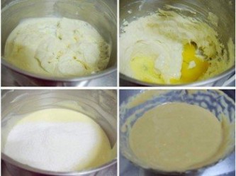 step3: 3(起士麵糊部份) A.將恢復室溫的奶油乳酪加上細砂糖用打蛋器打成乳霜狀 B.然後分次加入雞蛋ˊ1顆一顆加ˊ接著將原味優格ˊ檸檬汁ˊ蘭姆酒ˊ依序拌勻 (每一次一定都要攪拌均勻才加下一樣喔) C.最後加入過篩處理好的玉米粉和低筋麵粉ˊ拌勻成細緻麵糊 (拌勻即可ˊ不要過度攪拌) D.然後將處理好的起士麵糊分成2份ˊ 其中一份取2/1起士麵糊和已經調勻的咖啡液調勻(備用)