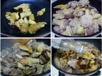 step2: 鍋內放入麻油及老薑ˊ用中小火煸香老薑ˊ 然後加入鴨肉拌炒至鴨皮金黃焦香ˊ 接著倒入米酒1瓶大火煮滾