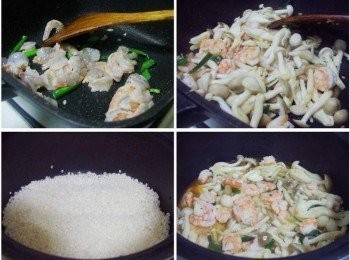 step4: .接著拌炒蝦仁和雙菇並加入蠔油和味霖<span class="group_2">調味</span>ˊ米依平時方式洗淨ˊ 將拌炒好的料均勻擺入米飯中ˊ將蝦頭殼湯汁加入ˊ(米量杯2杯) 再加入水(米量杯1.5~2杯)依喜好決定添加水量ˊ原則和平時煮飯一樣ˊ 但因為多了配料ˊ需比平時多些水量。