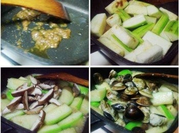 step3: 熱鍋後加入少許油ˊ然後加入泰泰風暹蝦醬1.5大匙炒香ˊ 接著擺入絲瓜略為拌炒ˊ當絲瓜軟化約7分熟時ˊ 再依序加入香菇和蛤蜊ˊ蛤蜊殼打開後即完成熄火