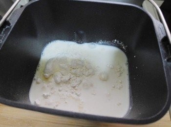 step2: Panasonic製麵包機裝好麵包用葉片ˊ 然後除了"酵母"外ˊ全部擺入攪拌容器中ˊ 將酵母粉加入自動投入酵母盒裡