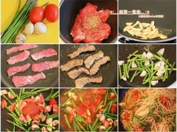 step1: 煮一鍋清水，燙義大利麵條用。蒜頭切片；蘑菇洗淨切片；番茄洗淨切丁；綠蘆筍洗淨，切去根部老化粗硬部份，切段備用。