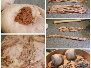 step5: 發酵好的麵糰, 加入可可粉, 繼續手揉至呈現大理石花紋即可桿壓