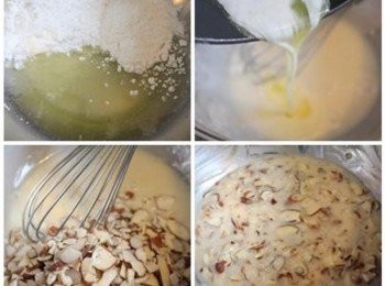 step1: 糖粉/中粉/蛋白打勻, 加入融化的奶油攪勻, 最後拌入杏仁片完成餅乾麵糊