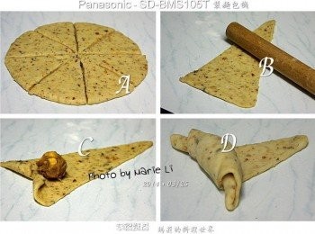 step8: 取一份醒好的麵糰，擀成大圓餅狀 如圖，切成等八個三角形狀 所以一共可做出十六個小牛角麵包來 先取一片三角形麵糰把它擀薄並從寬處切個開口 於面積最大處放上《肉鬆》或《咖哩》內餡 由開口處往外捲至底做收尾 稍作整型成為牛角狀就算是完成了。