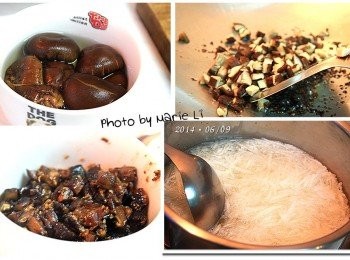 step2: 香菇泡軟切成小丁塊狀
起油鍋先炒香油蔥酥再倒入香菇丁拌炒
加入素蠔油、糖悶煮一下入味
起鍋放涼，備用。

蘿蔔絲裝進大鍋子，加進 600g 冷水
用中小火悶煮至蘿蔔絲熟軟即可