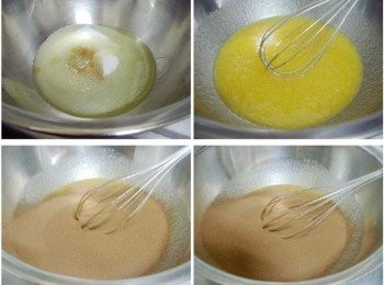 step2: 2.準備一乾淨攪拌盆ˊ先將配方中的油ˊ細砂糖ˊ香草精拌勻 3.然後分次加入蛋再拌勻 4.接著加入可可巧克力粉 5.拌勻至柔順平滑狀態