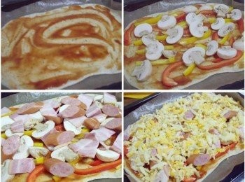 step3: 將桿平的麵團平鋪於烤盤上ˊ抹上蕃茄紅醬ˊ 然後依序擺上紅椒ˊ黃椒ˊ蘑菇ˊ灑上起士粉義式香料ˊ 接著再加上愛丁堡培根ˊQ肉丁德國香腸ˊ 然後於表面均勻擺上雙色起士