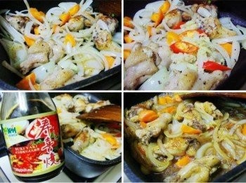 step4: 原鍋加入紅蘿蔔ˊ洋蔥ˊ略為拌炒約2分鐘ˊ 接著加入蒜頭/薑/辣椒炒出香氣ˊ然後嗆入紹興酒ˊ 並加入穀盛壽喜燒5大匙略為悶煮入味