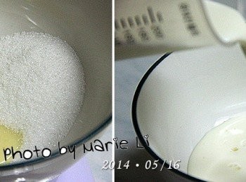 step1: 先取一只大碗，將材料 (1) ~ (4) 放進碗裡拌勻