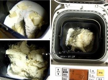 step4: 準備主麵糰<span class="group_1">食材</span>：

高筋麵粉：                50g
鮮奶：                   40ml
細砂糖：                大2匙
鹽：                  小1/2匙
無鹽奶油：                15g
酵母粉(置酵母盒內)：   小1/2匙

先將以上<span class="group_1">食材</span>量秤好放入麵包機容器中
酵母粉置於酵母盒內
把《低溫中種》麵糰撕成數塊
也一併放進麵包機容器中

(Panasonic SD-BMS105T Mode4 速成吐司模式)

設定麵包機