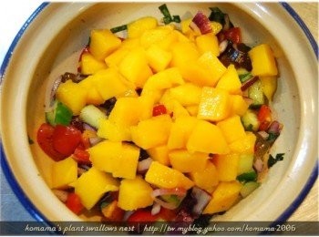 step8: 將檸檬汁、鹽巴與小辣椒等<span class="group_1">食材</span>，陸續加入碗中進行調味後，再放入芒果丁。