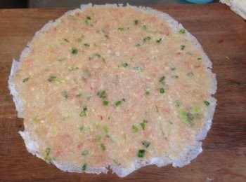 step4: 將作法3平鋪於春捲皮上，鋪上另一張春捲皮。