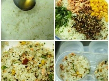 step2: 將白飯與麻油拌勻後, 加上其他配料, 拌勻成飯糰. 用壓模或手整形成適當大小即完成