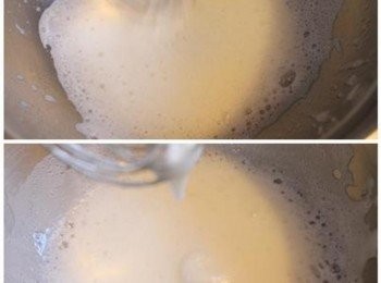 step1: 先將蛋白用打蛋器打發, 打至蓬鬆, 至打蛋器拿起, 蛋白會微微的落下成水滴狀