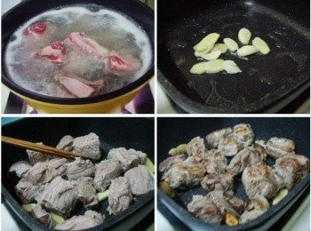 step2: 牛肉先川燙去除血水雜質備用 肉可依喜好選擇牛腩或牛腱(牛腩較軟嫩油脂較多ˊ牛腱較有口感) 熱鍋後加入少許油ˊ先炒香薑片和蒜頭ˊ 接著再將牛肉加入拌炒至表面金黃焦香