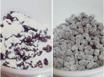 step2: 紅豆裹上少許低粉再將餘粉篩掉(備用) (這樣可以防止所有紅豆沉底)