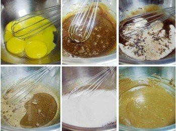 step3: 蛋黃先用打蛋器拌勻ˊ再加入溶化巧克力拌勻ˊ 接著依序加入鮮奶ˊ橄欖油ˊ攪拌均勻ˊ 再將過篩好的低筋麵粉加入拌勻ˊ靜置一旁備用