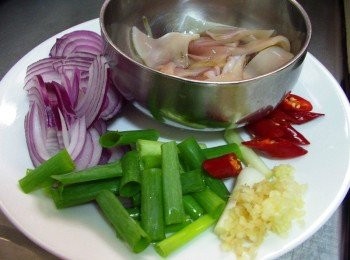 step1: 先準備好所需<span class="group_2">材料</span>ˊ魷魚清除內臟洗淨ˊ於內面劃斜刀ˊ 紫洋蔥切絲ˊ蔥ˊ辣椒ˊ切段ˊ蒜頭切末