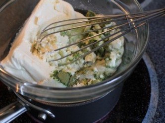 step1: 將奶油乳酪, 糖, 牛奶, 抹茶粉放入碗中. 用隔水加熱的方法攪拌均勻