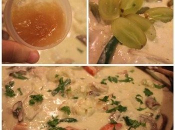 step3: 加蘋果泥, 白葡萄, 水果乾, 再煮5分鐘. 起鍋前可加香菜末提香